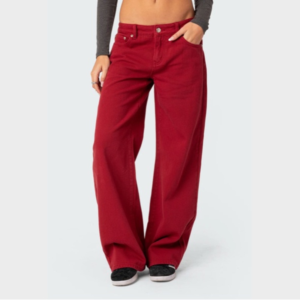 Edikted Roman Low Rise Slouchy Jeans Burgandy Size XS